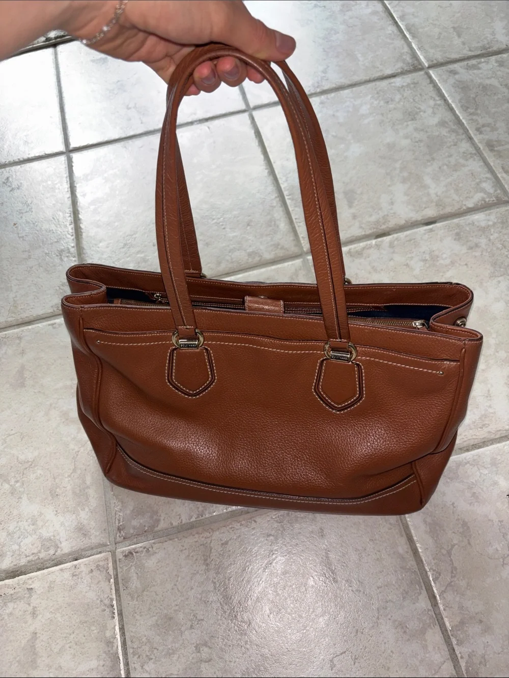 Cole Haan Brown Leather Tote Bag with Navy Interior